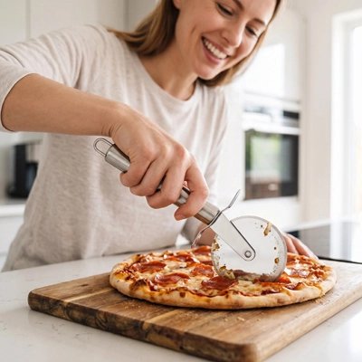  une femme qui utilise un Couteau à pizza 