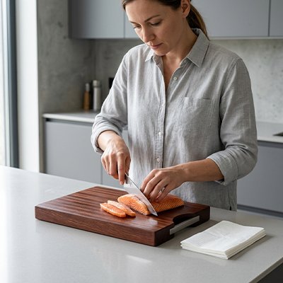 une femme qui utilise une Planche à découper bois 